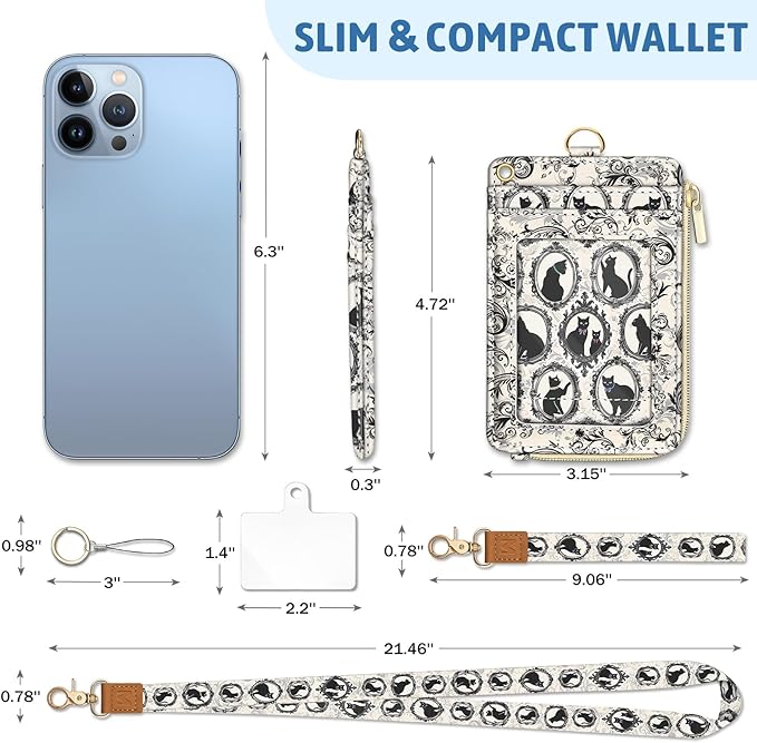 Black Cat Lanyard Wallet Credit Card Holder, Goth ID Badge Holder Keychain Wallets Women, Slim Small RFID Zipper Pocket Phone Lanyard Wristlet Wrist Strap for Name Tag Office Teacher