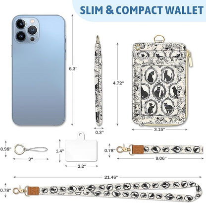Black Cat Lanyard Wallet Credit Card Holder, Goth ID Badge Holder Keychain Wallets Women, Slim Small RFID Zipper Pocket Phone Lanyard Wristlet Wrist Strap for Name Tag Office Teacher