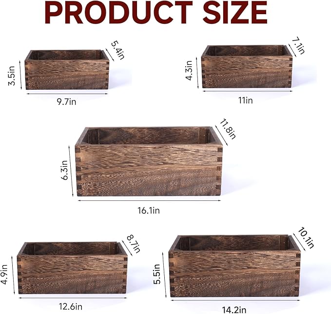 Wooden Crates for Display 5 Pack Large Rustic Nesting Wooden Basket with Handle, Farmhouse Wood Crate for Storage and Container, 5 Size Multipurpose Wood Basket for Fruits Vegetables Boxes