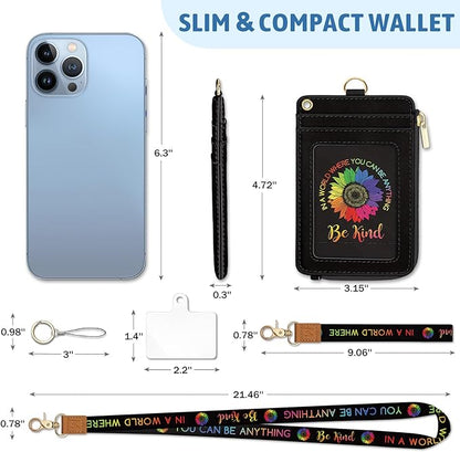 Be Kind Sunflower Lanyard Wallet with ID Badge Holder, Small RFID Wallet Women Keychain Wristlet, Slim Credit Card Holder Case with Zipper Pocket Phone Lanyard Wrist Strap Name Tag Office Teacher Gift