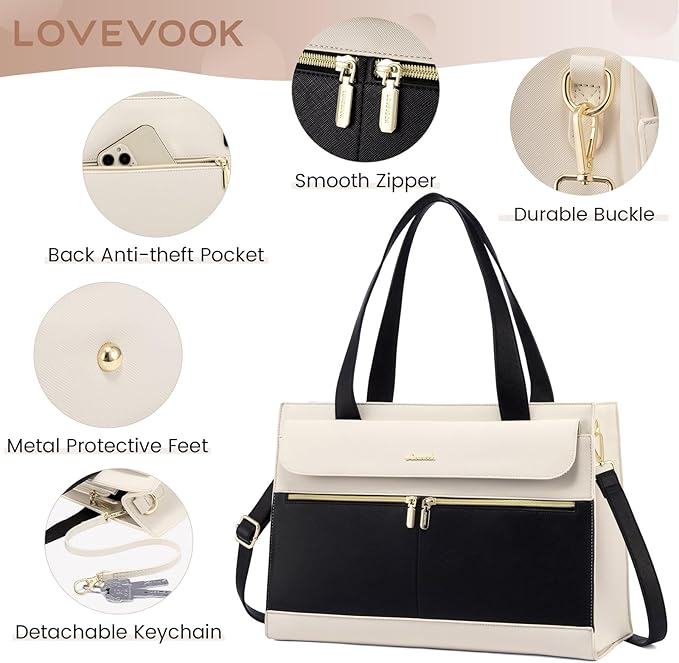 LOVEVOOK Laptop Tote for Women - 15.6 Inch Professional Leather Computer Briefcase - Waterproof Shoulder Bag - Large Capacity Business & Office Bag
