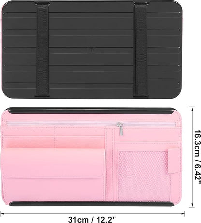 X AUTOHAUX Pink Universal Car Sun Visor Organizer Sunglasses Case Storage Pocket Hook and Loop Tape ABS PU Leather for SUV RV Truck