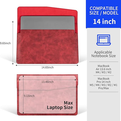 14 Inch Leather Laptop Sleeve for MacBook Pro 14 Inch M5 M4 M3 M2 M1 Pro/Max Case,Premium Protective Case Cover with Magnetic Closure-Vintage Red