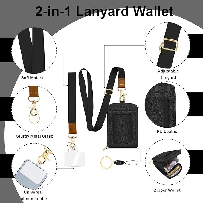 Black PU Leather ID Badge Holder with Lanyard with Keychain Phone Lanyard Wrist Strap, RFID Blocking for Office School Business Women