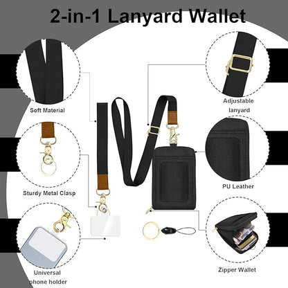 Black PU Leather ID Badge Holder with Lanyard with Keychain Phone Lanyard Wrist Strap, RFID Blocking for Office School Business Women
