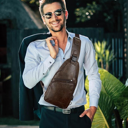 Seoky Rop Men's Vintage Leather Sling Bag Shoulder Crossbody Bag with USB Charge Port Casual Pack Dark Brown