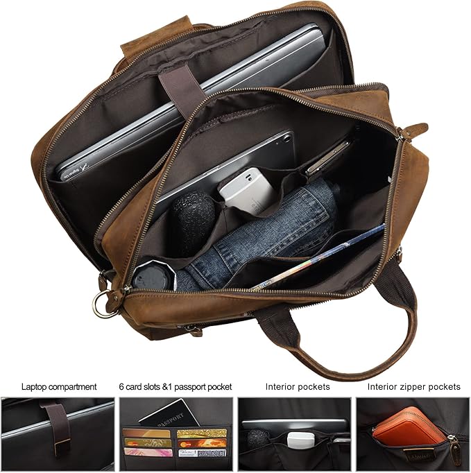 TIDING Leather 15.6" Laptop Backpack Convertible Business Briefcase Crossbody Shoulder Messenger Bag, Brown