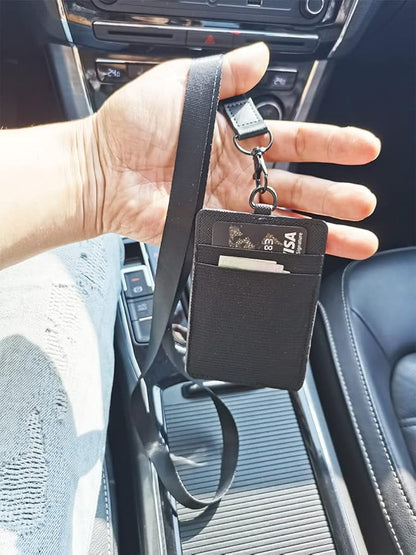 Leather Badge Holder, Vertical ID Card Holder with Clear Window, 2 Elastic Card Slots & Detachable Lanyard for Offices, Schools (Black-F)