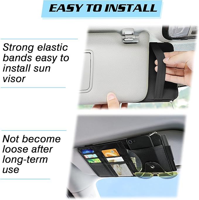 Car Sun Visor Organizer, Leather Pocket Organizer Sunglass Holder for Car Interior Accessories with Multi-Pocket Net Zipper, Black