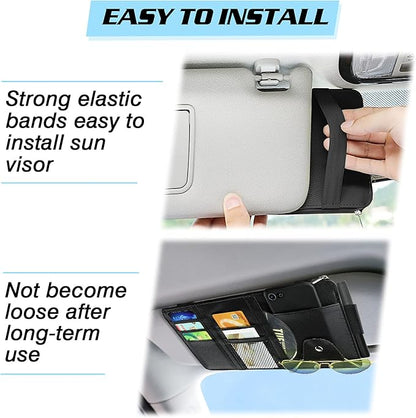 Car Sun Visor Organizer, Leather Pocket Organizer Sunglass Holder for Car Interior Accessories with Multi-Pocket Net Zipper, Black