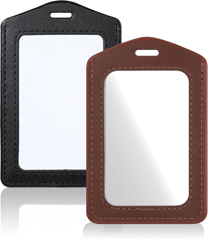 Leather ID Badge Holders, Mabor 2 Pcs Leather Badge Holder Vertical Double-Side Clear Card Holder Waterproof Name Badges Holders for Office Staff Students School ID Credit Cards(Black+Brown)