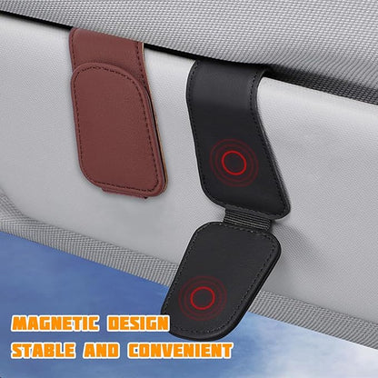 Sunglasses Holder for Car Visor, Microfiber Leather Magnetic Sun Visor Eyeglasses Hanger & Ticket Card Clip, Multi-Function Automotive Interior Glasses Mount, Universal Fit (Wine Red)