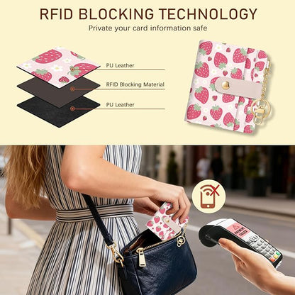 Jogjam Strawberry Rfid Girls Girly Teen Wallet, Small Slim Thin Compact Travel Credit Card Women Wallet, Cute PU Leather Bifold Cash Zipper Coin Pocket ID Window for Female Ladies Gifts