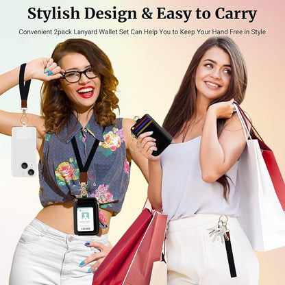 2-in-1 ID Badge Holder & Lanyard Wallet,Multi Use Womens Small Wallet with Zipper Pocket for Women Men with Wristlet and Neck Lanyard 5 Card Slots Work Essential (Black)