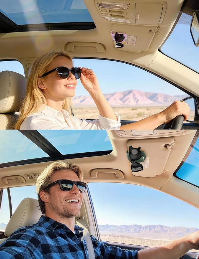 Sunglass Holder for Car Visor, One-Handed Operation Leather Sunglasses Clip with Soft Padding, Auto-Clamping Eyeglasses Organizer for Sun Visor, Universal Car Accessories (Green)