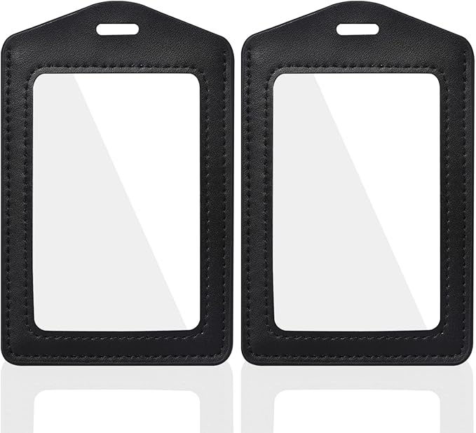 Vin Beauty 2 Pack Genuine Leather ID Badge Holders, Vertical ID Card Holders with Dual-Side Clear Window, Waterproof Name Badge Holde Suit for Office, Staff, Students, Employees(Black&Black)