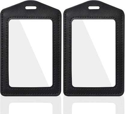 Vin Beauty 2 Pack Genuine Leather ID Badge Holders, Vertical ID Card Holders with Dual-Side Clear Window, Waterproof Name Badge Holde Suit for Office, Staff, Students, Employees(Black&Black)