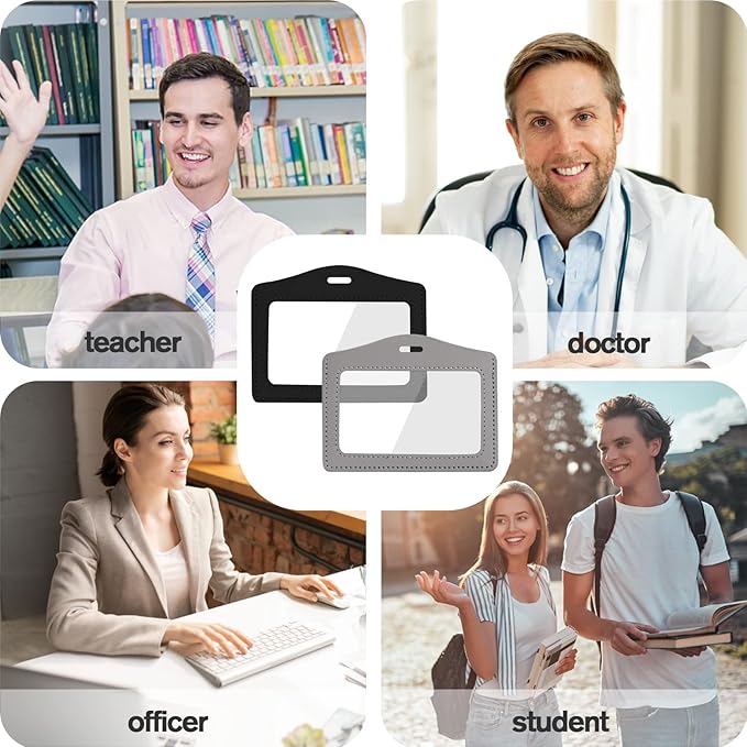 2 Pack Genuine Leather ID Badge Holders, Horizontal ID Card Holders with Dual-Side Clear Window, Waterproof Name Badge Holde Suit for Office, Staff, Students, Employees(Black&Gray)