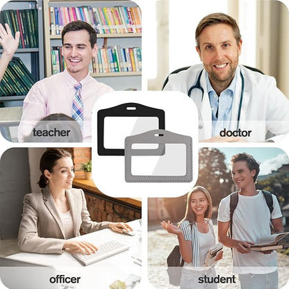 2 Pack Genuine Leather ID Badge Holders, Horizontal ID Card Holders with Dual-Side Clear Window, Waterproof Name Badge Holde Suit for Office, Staff, Students, Employees(Black&Gray)