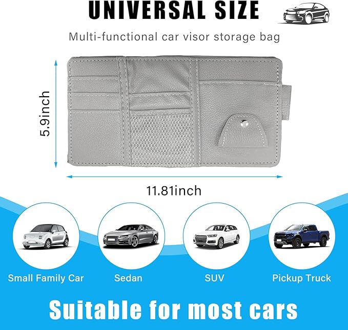 Augeny Car Sun Visor Organizer, Leather Personal Belonging Storage Pouch with Zipper, Car Visor Storage Pouch Sunglasses Holder, Auto Interior Accessories Pocket Organizers (Gray)