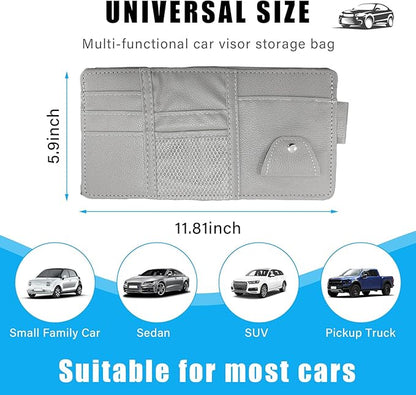 Augeny Car Sun Visor Organizer, Leather Personal Belonging Storage Pouch with Zipper, Car Visor Storage Pouch Sunglasses Holder, Auto Interior Accessories Pocket Organizers (Gray)
