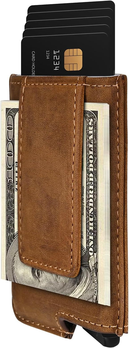 Dinghao RFID Blocking Slim Money Clip Aluminum Wallet Automatic Pop-up Card Case (Texas Brown)