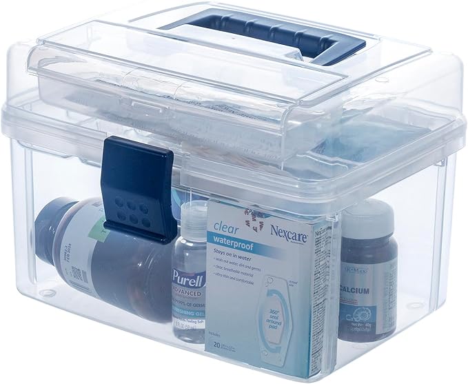 MyGift 10 Inch First Aid Clear Bin with Detachable Tray and Blue Quick Access Top Lid Flap, Portable Emergency Kit, Medical Supply Travel Tote, Medicine Storage Box Container (Navy)