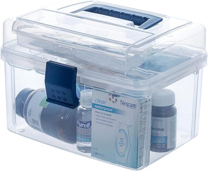 MyGift 10 Inch First Aid Clear Bin with Detachable Tray and Blue Quick Access Top Lid Flap, Portable Emergency Kit, Medical Supply Travel Tote, Medicine Storage Box Container (Navy)
