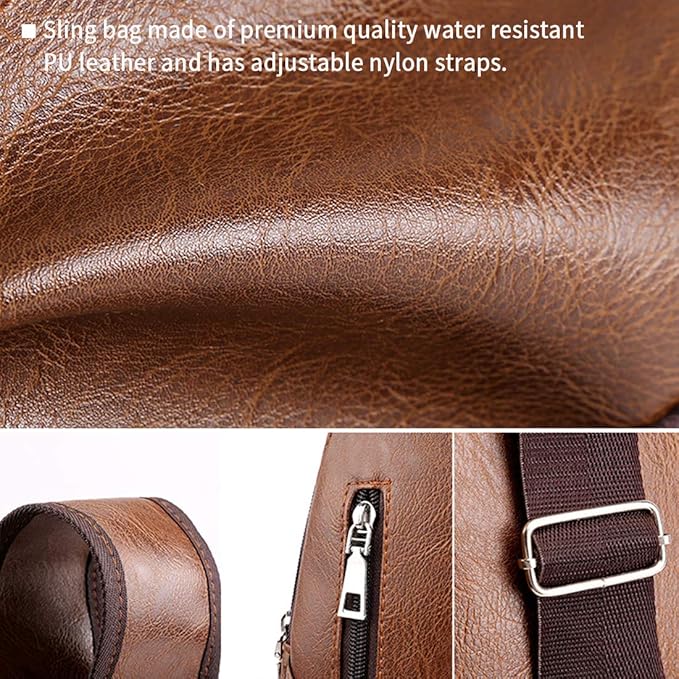 Seoky Rop Men Sling Bag Anti Theft Shoulder Bag Small Leather Crossbody Sling Backpack with USB Charge Port Dark Brown