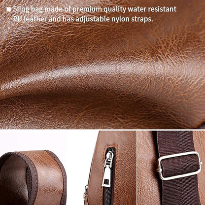Seoky Rop Men Sling Bag Anti Theft Shoulder Bag Small Leather Crossbody Sling Backpack with USB Charge Port Dark Brown