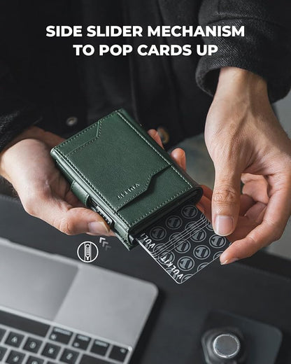 VULKIT Airtag Wallet with Keyring Leather Mens Pop up Credit Card Wallet with Air Tag Holder Trifold ID Window RFID Blocking（New-Green）