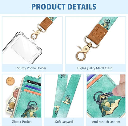 Piefly Turtle Lanyard Wallet with ID Badge Holder, Cute Small RFID Wallet Women Keychain Wristlet, Slim Credit Card Holder with Zipper Pocket Phone Lanyard Wrist Strap for Name Tag Office Teacher Gift