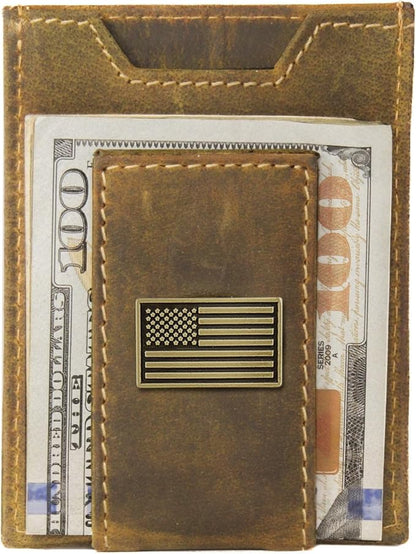 ZEP-PRO American Flag Vintage Tan Leather Magnetic Front Pocket Wallet, Slim Stylish for Men