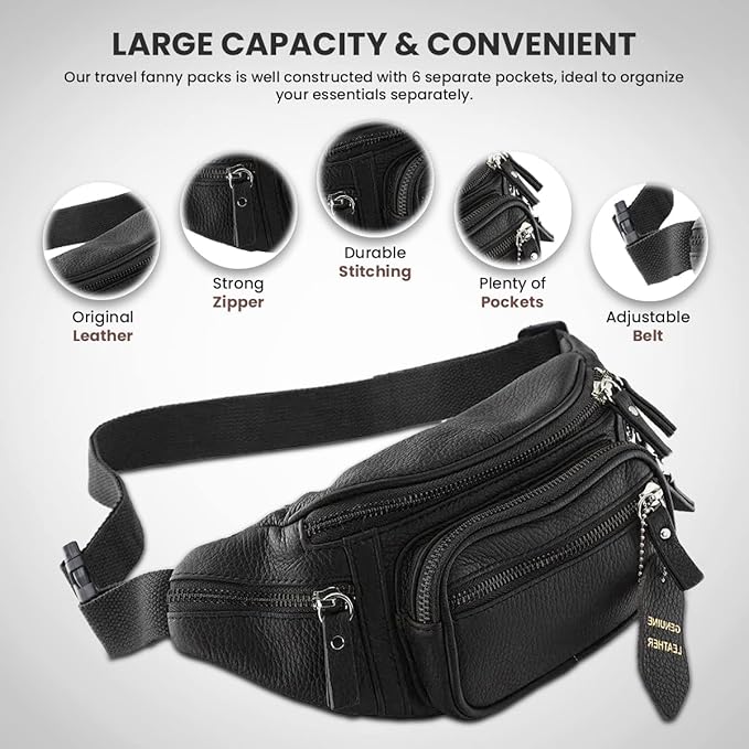 Fanny Pack Waist Bag Multifunction Genuine Leather Hip Bum Bag Travel Pouch for Men and Women- Multiple Pockets & Sturdy Zippers Ideal for Hiking Running And Cycling