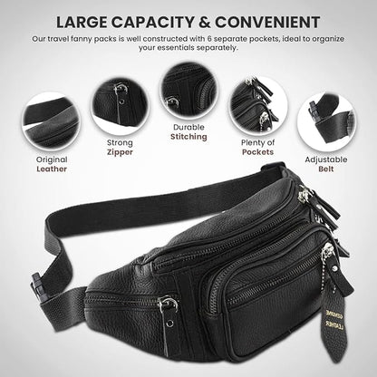Fanny Pack Waist Bag Multifunction Genuine Leather Hip Bum Bag Travel Pouch for Men and Women- Multiple Pockets & Sturdy Zippers Ideal for Hiking Running And Cycling