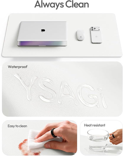 YSAGi Leather Desk Protector, Office Mat, Large Mouse Mat, Non-Slip PU Leather Blotter, Laptop Desk, Waterproof Writing Pad for Office and Home (White, 31.5" x 15.8")