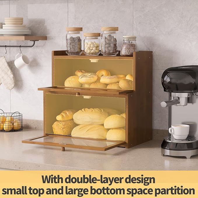 Double Layer Bamboo Bread Box for Kitchen Counter,Bread Holder,Countertop Bread Storage with Window (Brown)
