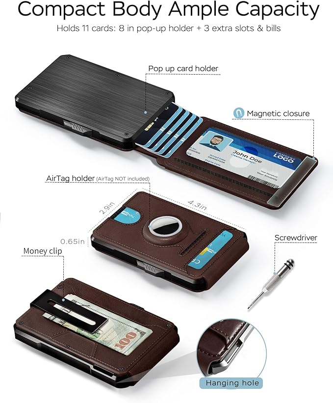 Money Clip Wallet for AirTag - Slim Compact Design, RFID Blocking Pop Up Card Holder for Apple Air Tag & Moto Tag, Minimalist Front Pocket Wallet with ID Window, Holds 11 Cards, Gift for Men