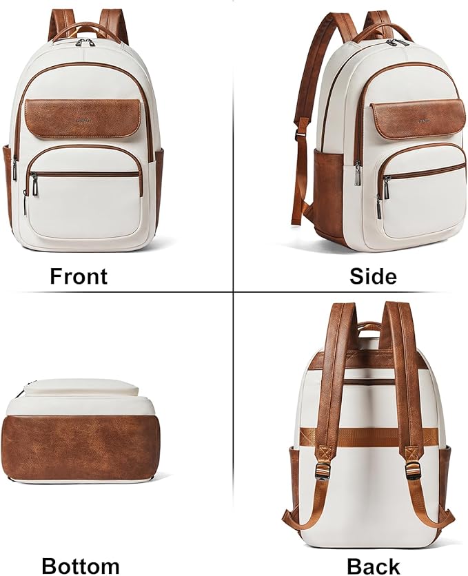 Leresas 37L Backpack Purse for Women Mens Teacher Bag Work Travel Back Pack Vegan Leather Laptop College Daypack Business Computer Book Bag Beige