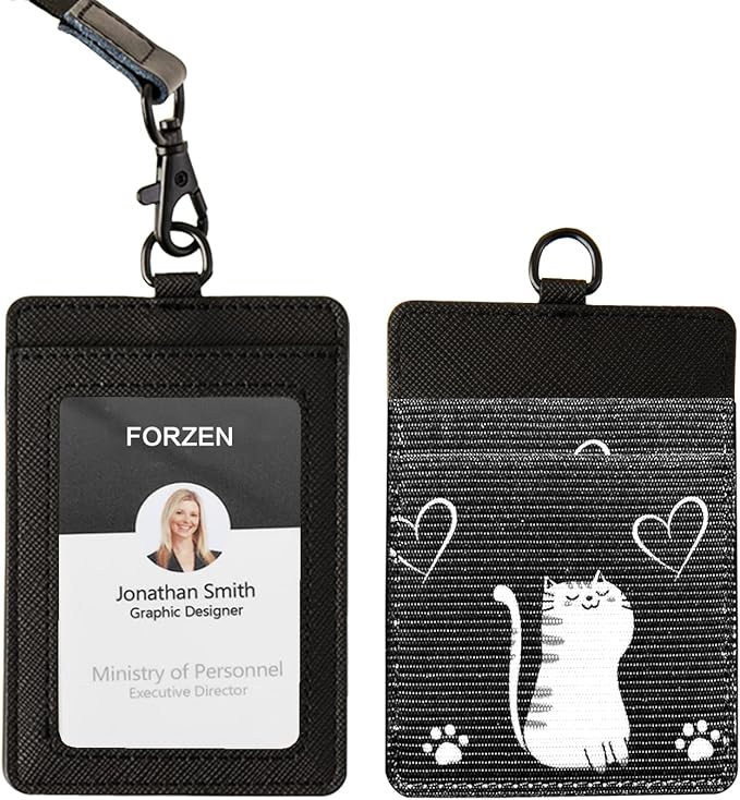 Leather Badge Holder, Vertical ID Card Holder with Clear Window, 2 Elastic Card Slots & Detachable Lanyard for Offices, Schools (Black-D)