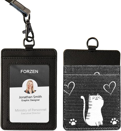 Leather Badge Holder, Vertical ID Card Holder with Clear Window, 2 Elastic Card Slots & Detachable Lanyard for Offices, Schools (Black-D)