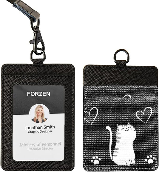 Leather Badge Holder, Vertical ID Card Holder with Clear Window, 2 Elastic Card Slots & Detachable Lanyard for Offices, Schools (Black-D)