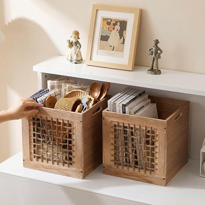 Geelin 2 Pack Wood Storage Bins with Handles 11 x 11 x 11 Inch 22l Cube Multipurpose Decorative Vintage Farmhouse Wood Rope Crate Stackable Cube Containers Organizing Bins for Toy Clothes Books Office