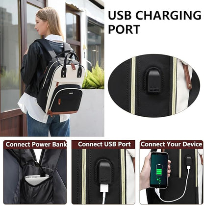 Laptop Backpack for Women Bag - 15.6 inch Work Bags with USB Charger College Bookbag Business Computer Backpack Purse Beige Black Brown