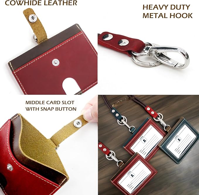 Badge Holder: Boshiho Cowhide Leather ID Badge Card Holder with 19" Neck Lanyard, Horizontal Style (Red)