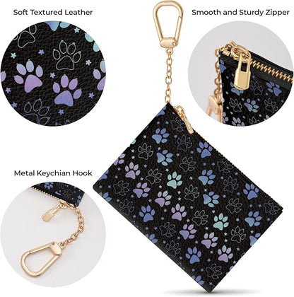 Dog Paw Cute Keychain Coin Purse for Women, Small PU Leather Change Pouch, Zipper Little Travel Credit Card Wallet for Girls, Tiny Zip Pocket Coin Holder with Key Ring for Ladies Gifts