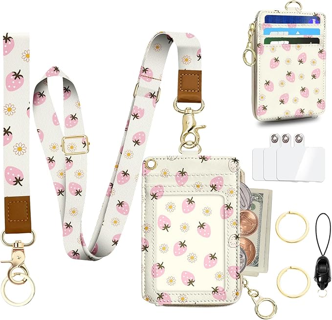 Cute Lanyard Wallet with ID Badge Holder,Strawberry RFID Wallet Women Keychain Wristlet,Slim Credit Card Holder with Zipper Pocket Phone Lanyard Wrist Strap Office Teacher Gift