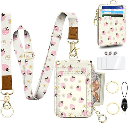 Cute Lanyard Wallet with ID Badge Holder,Strawberry RFID Wallet Women Keychain Wristlet,Slim Credit Card Holder with Zipper Pocket Phone Lanyard Wrist Strap Office Teacher Gift