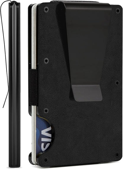 Minimalist Slim Wallet for Men,RFID Blocking Metal Wallet,Aluminum Credit Card Holder & Money Clip 12-15 Cards,Slim Rfid Front Pocket Mens Wallet,Leather Black