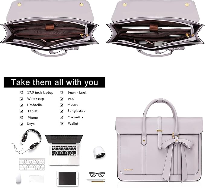 MOSISO Laptop Bag for Women, 17 inch PU Leather Laptop Shoulder Bags Convertible Backpack, 17.3 inch Messenger Bags Casual Handbag Work Briefcase Travel Computer Bag with Bowknot, Dusty Lilac